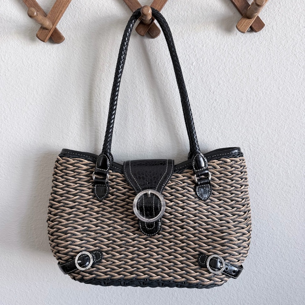 Brighton Debbie Black and Tan Woven Straw Shoulder Bag
